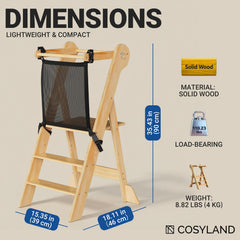 COSYLAND fold-flat toddler stool demonstrates compact storage in a small kitchen.