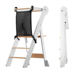 COSYLAND foldable toddler kitchen stool showing compact storage and quick setup.