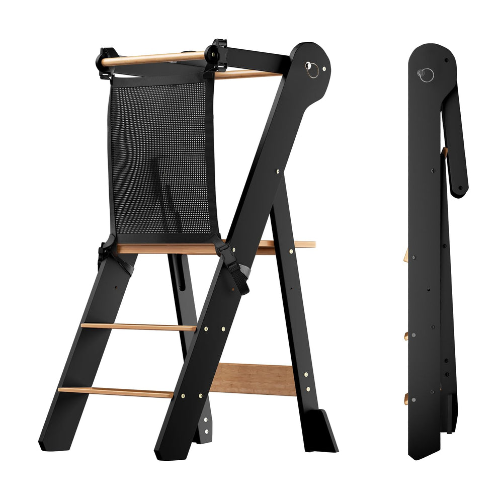 COSYLAND foldable toddler stool folded beside the counter for space saving.