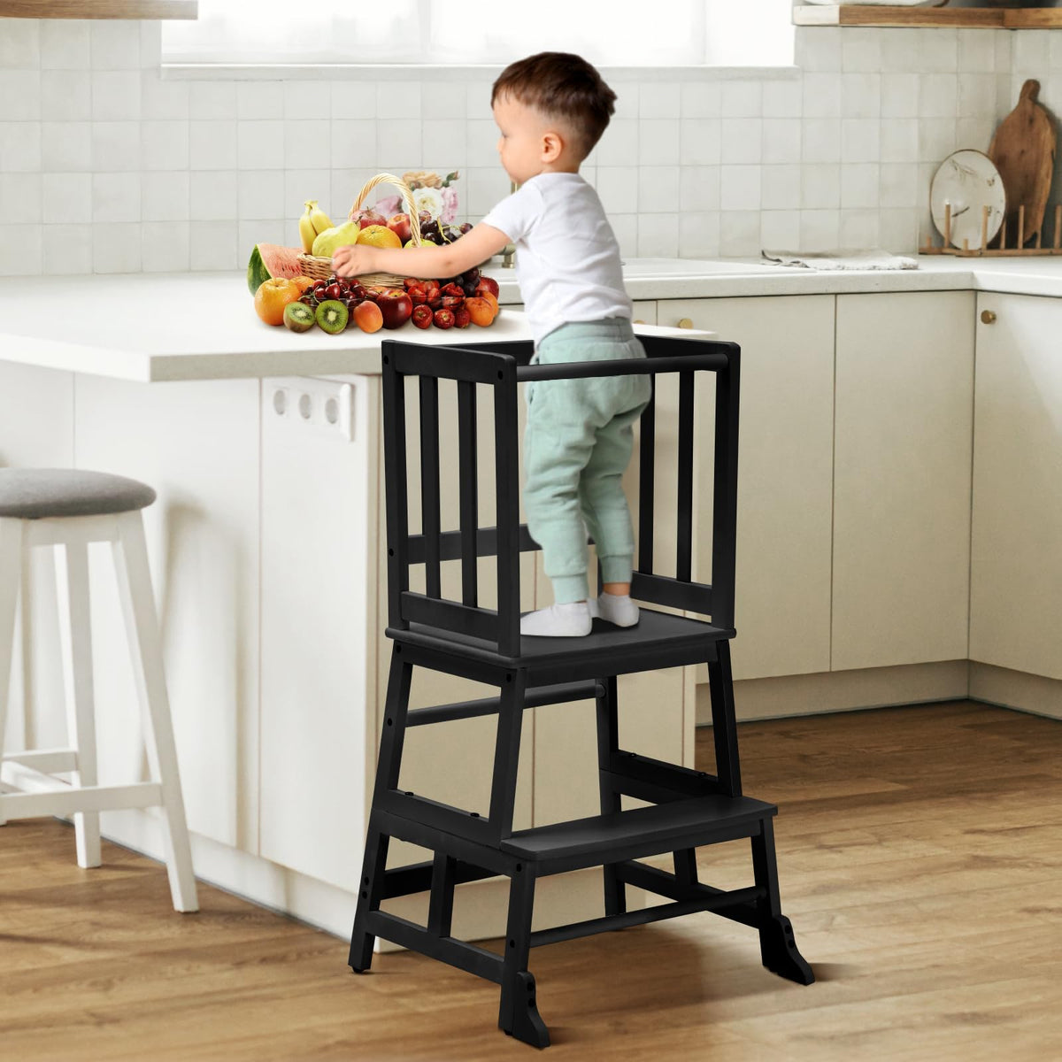 COSYLAND kids kitchen step stool with anti-tip legs helps kids reach counters safely.