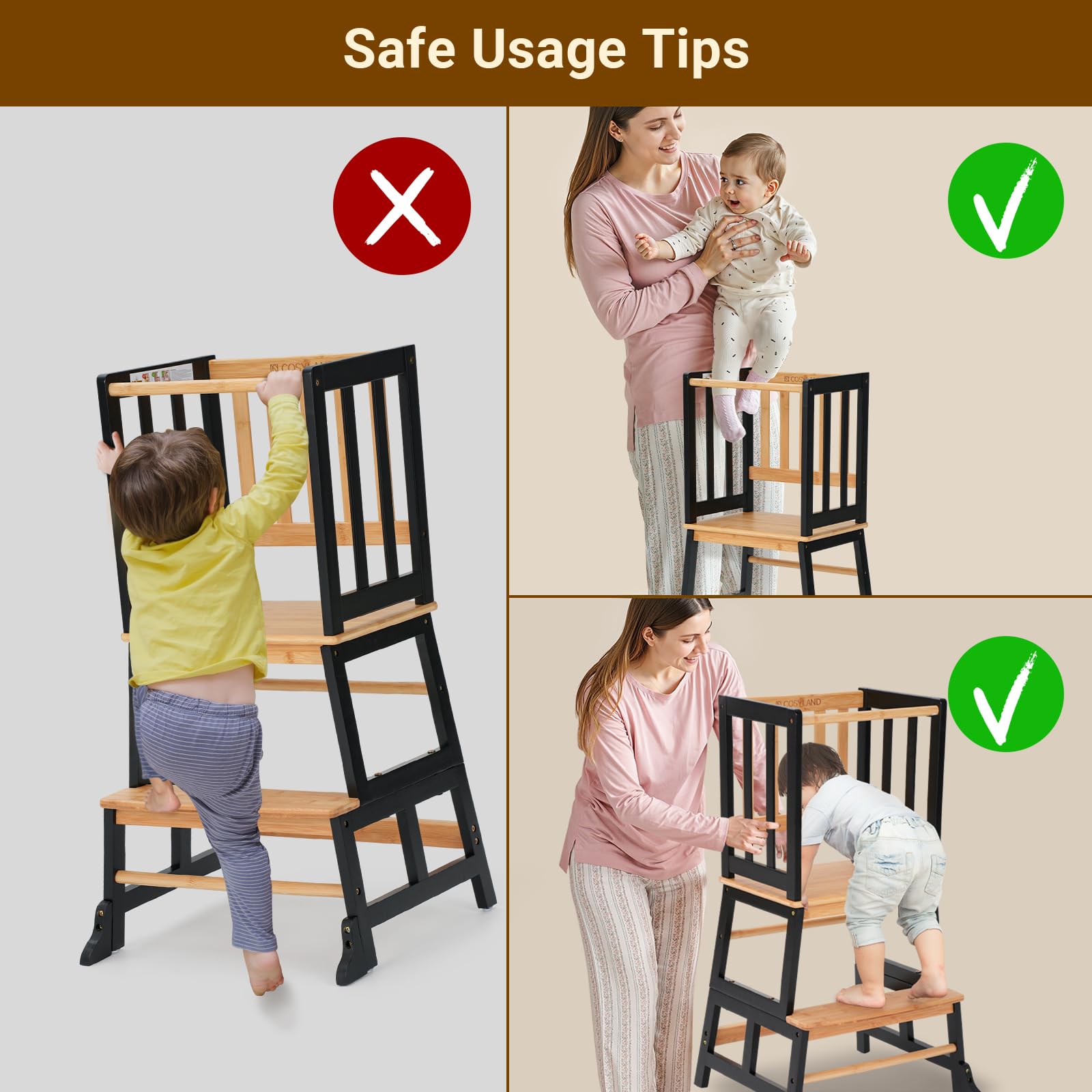 COSYLAND Kids Step Stool with natural bamboo finish blends with home décor.