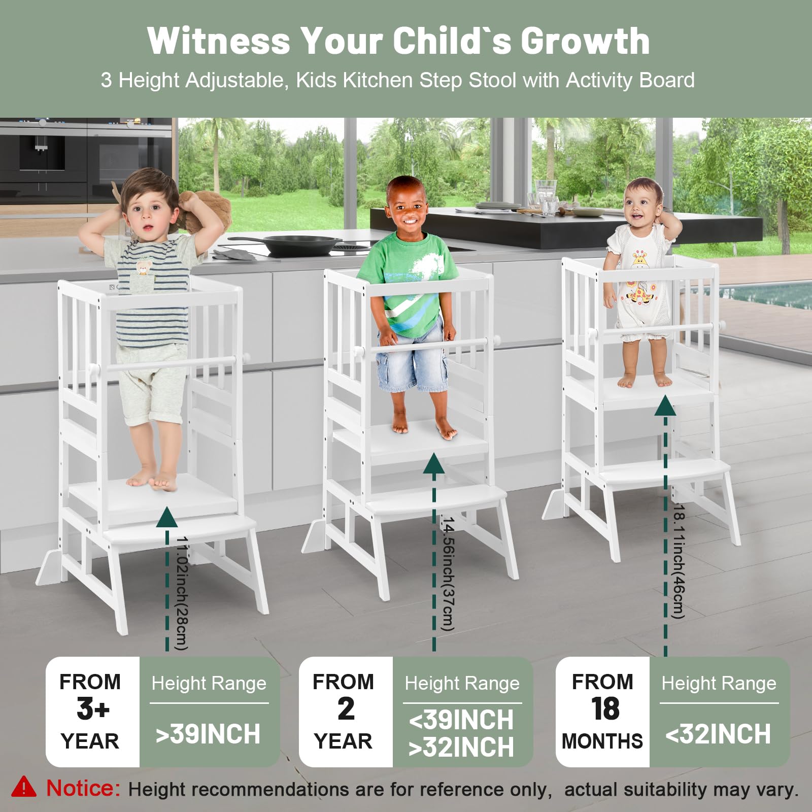 COSYLAND Kids Kitchen Step Stool height adjustment demonstrates three levels for growing children