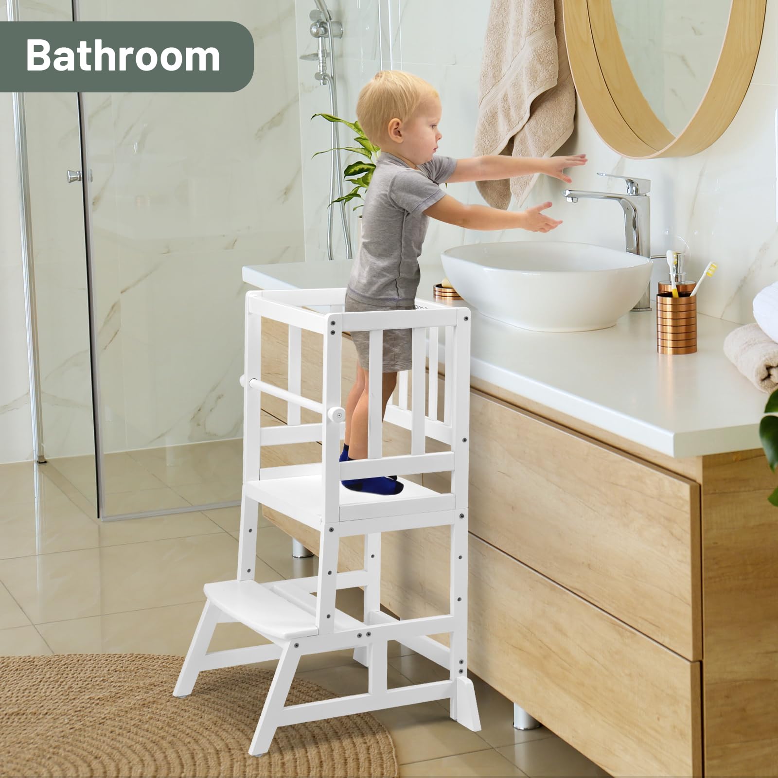 COSYLAND Kids Kitchen Step Stool kid reaching counter illustrates independent tasks