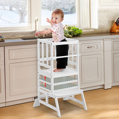 COSYLAND Kids Kitchen Step Stool main view shows sturdy bamboo construction and safety features