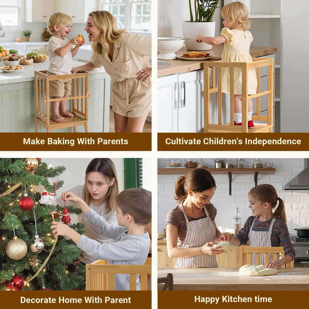 COSYLAND Kids Kitchen Step Stool natural bamboo finish in warm tone.