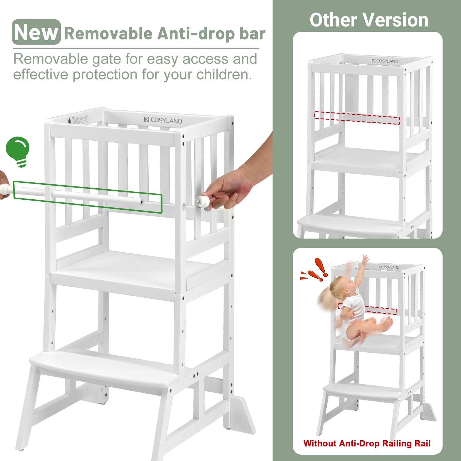 COSYLAND Kids Kitchen Step Stool removable railing highlights secure safety rail design