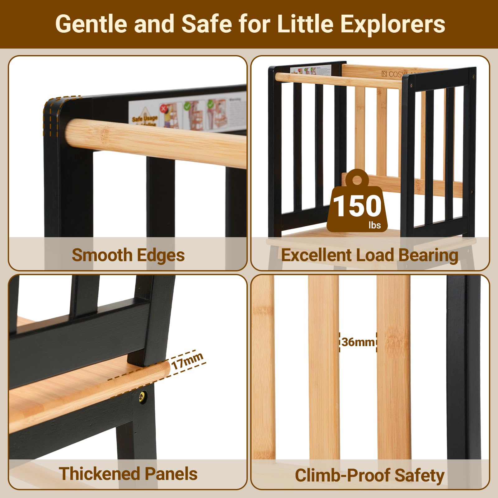 COSYLAND wooden tower design supports independent kitchen tasks for children.