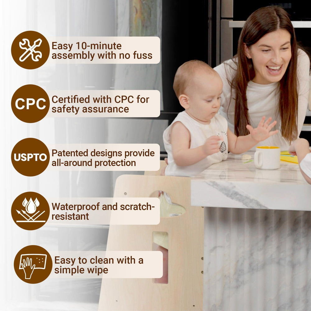 COSYLAND tower in kitchen scene supports family cooking and chores.