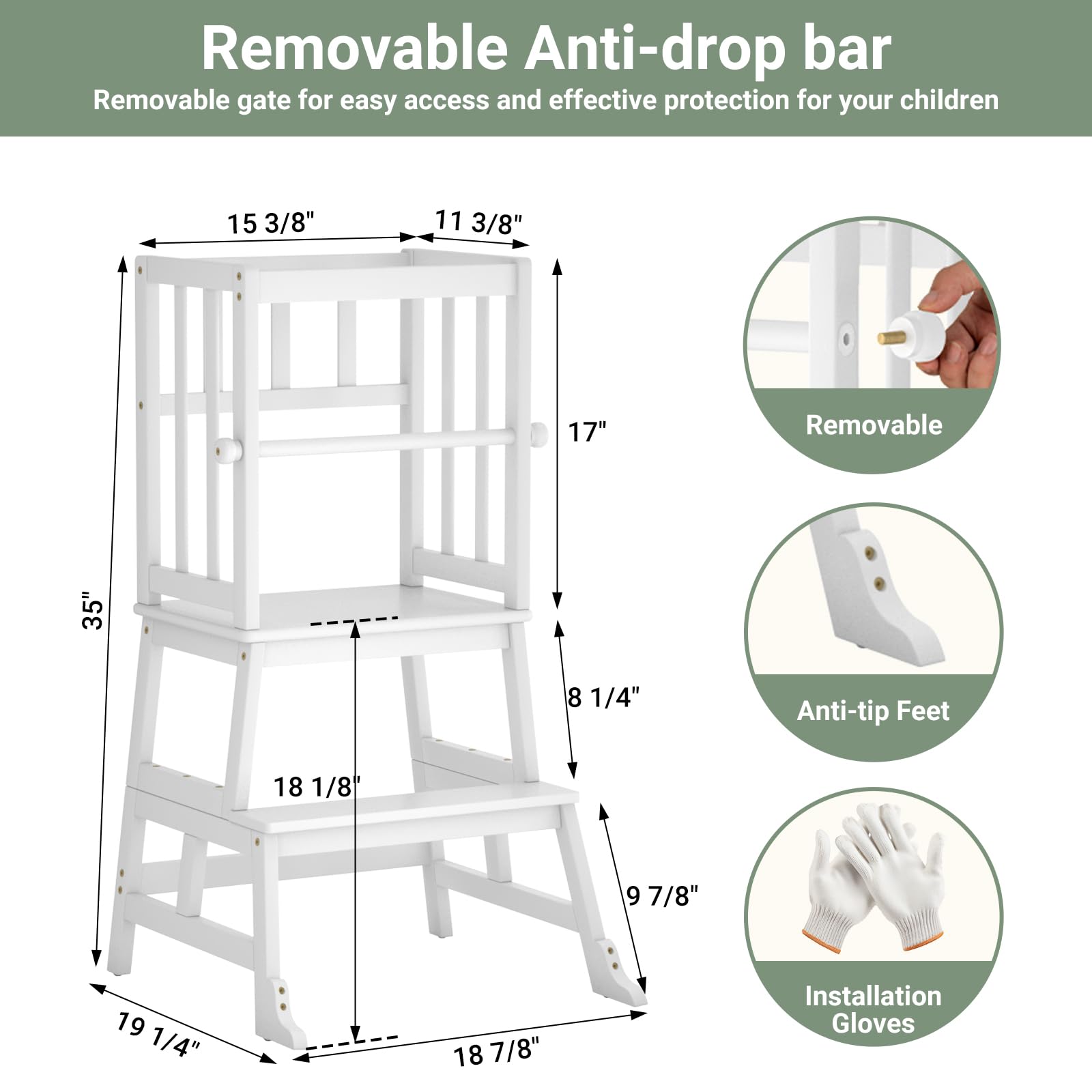 Four-sided rails with optional anti-fall bar add versatile safety for growing kids.
