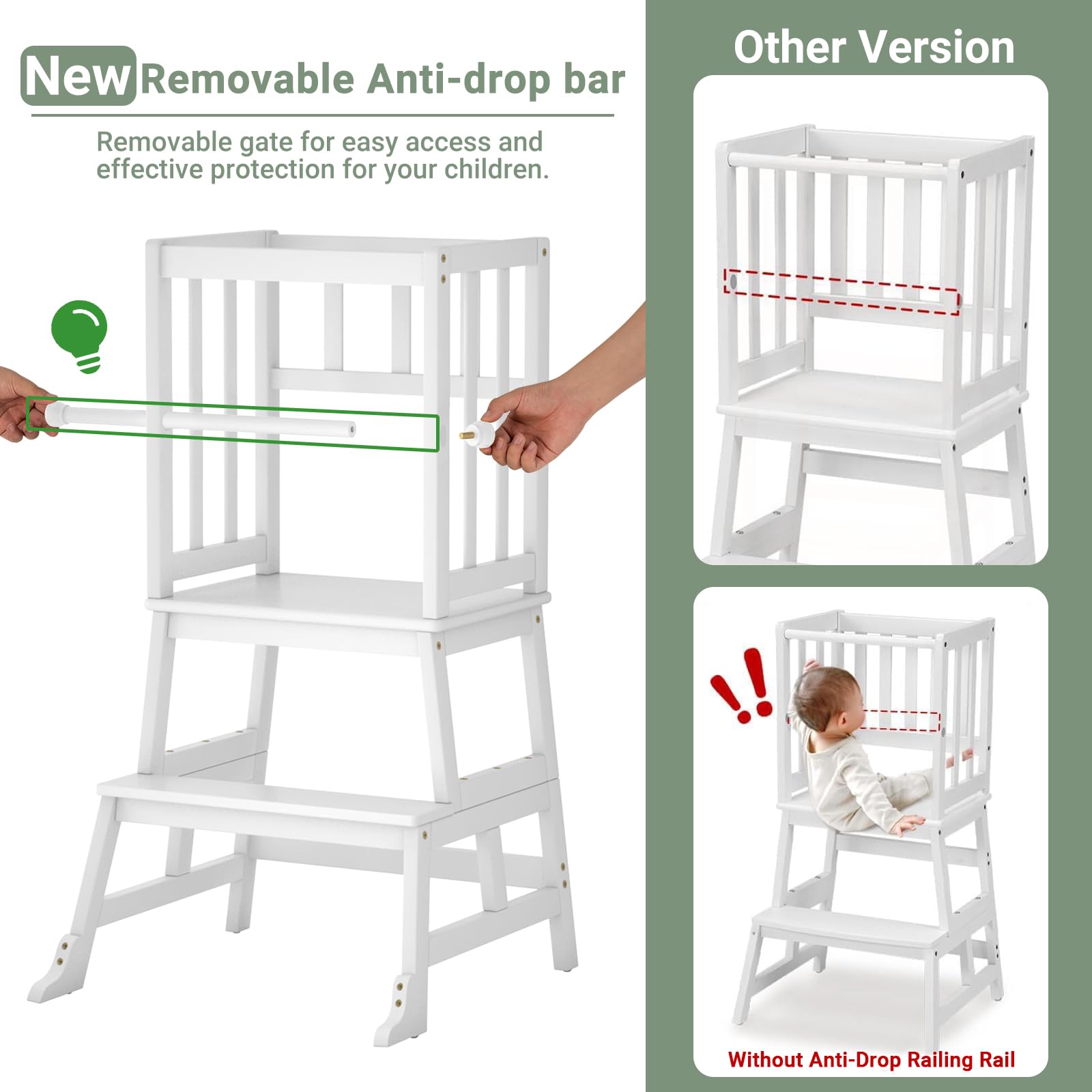 Removable anti-drop rail keeps little climbers safer during kitchen tasks.