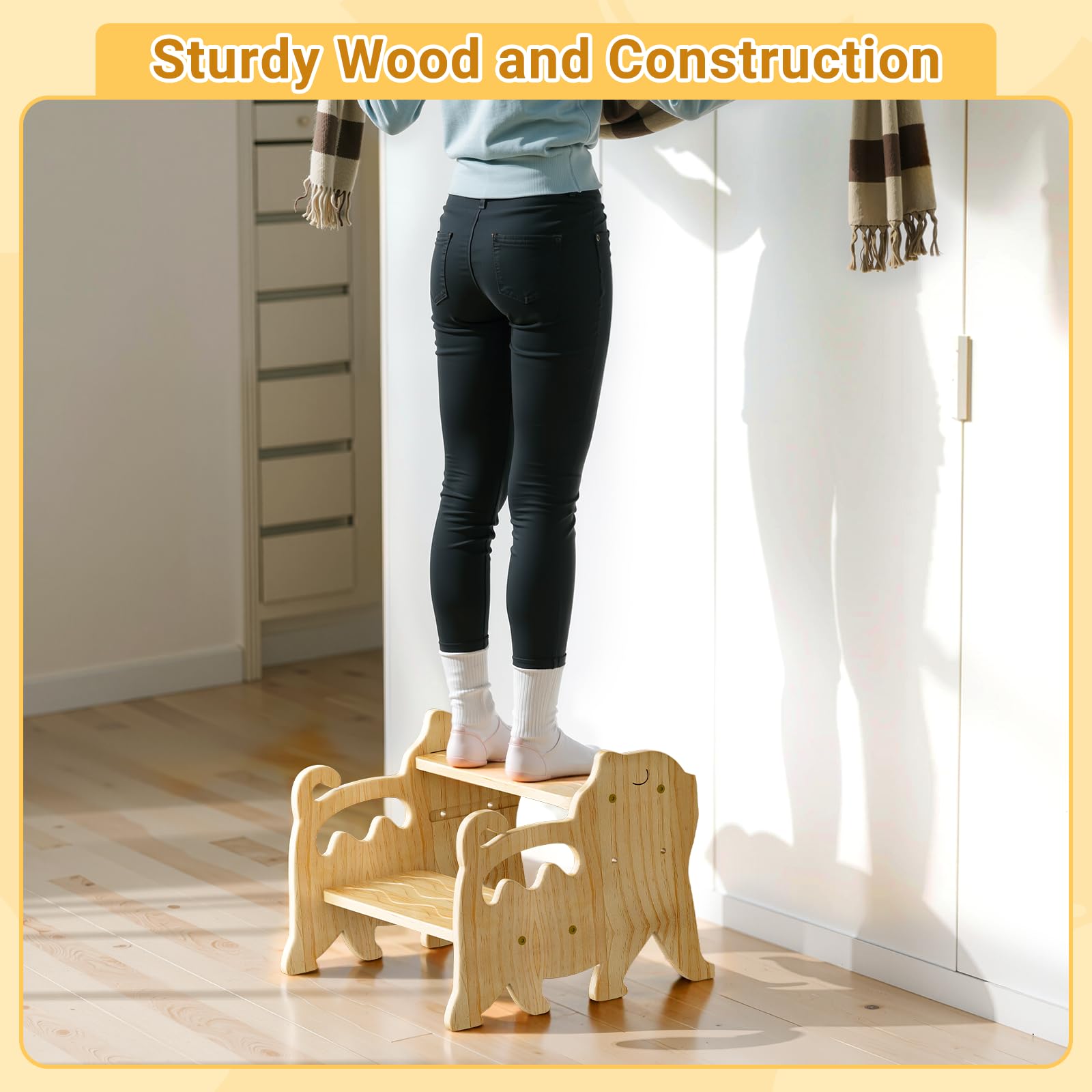 Slip-resistant grooved steps improve grip during washing and brushing actions.