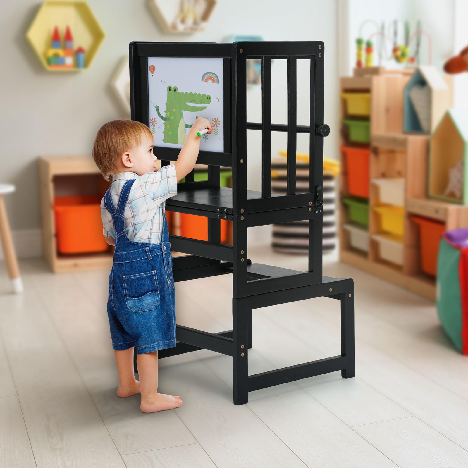 COSYLAND Toddler Kitchen Step Stool side view showing safety rail for secure standing