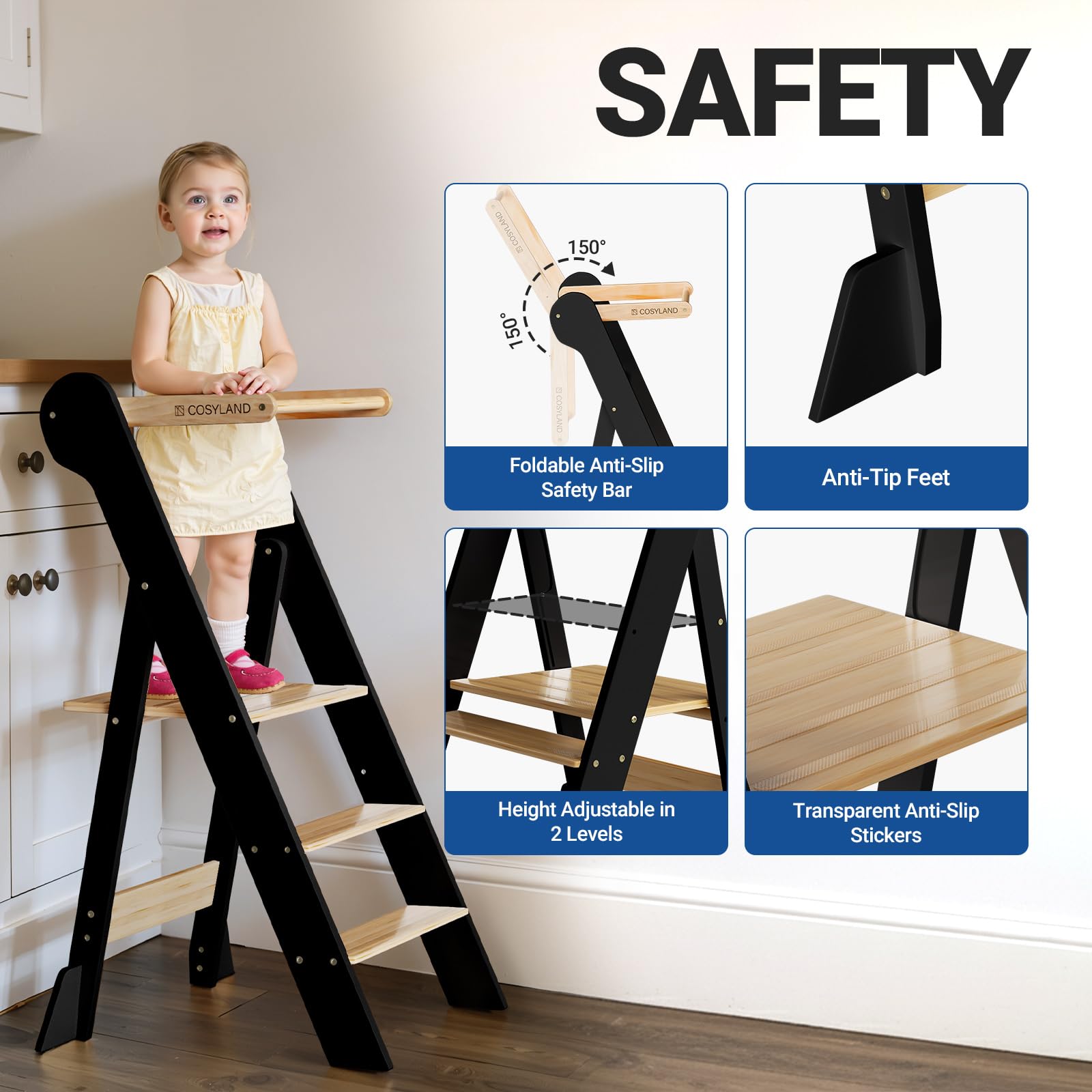 COSYLAND Toddler Kitchen Stool with anti-tip feet adds stability on countertops