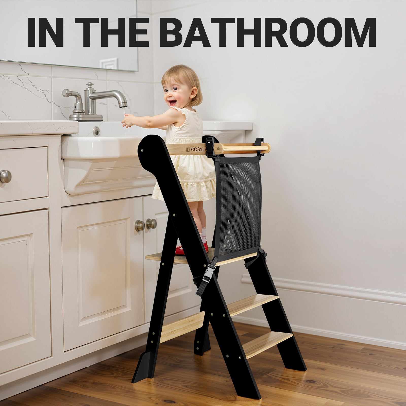 COSYLAND Toddler Kitchen Stool in-use beside the counter supports independent participation