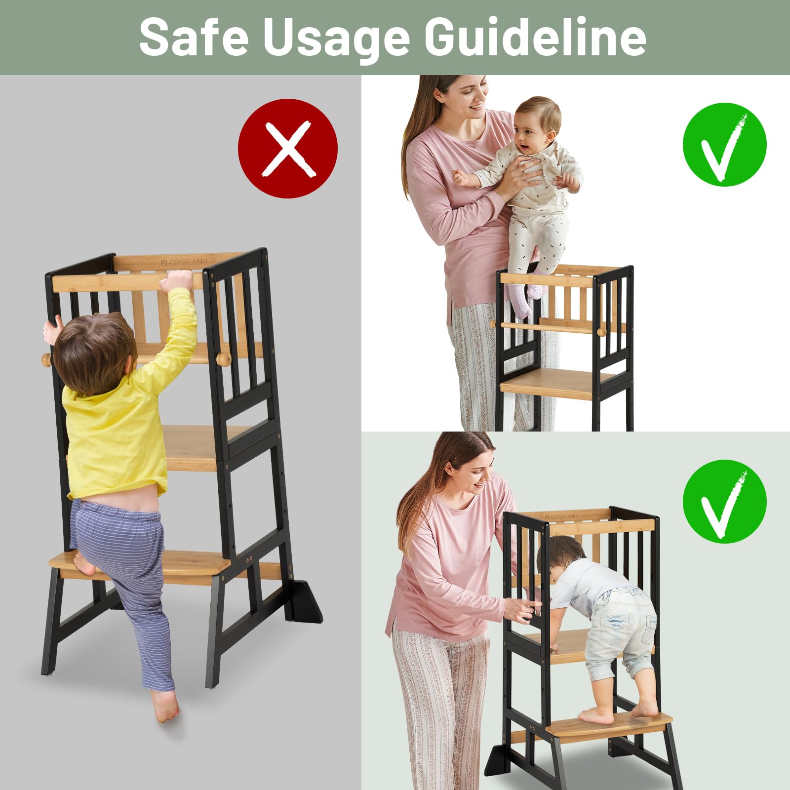 COSYLAND Toddler Kitchen use shows reaching counter and developing independence.