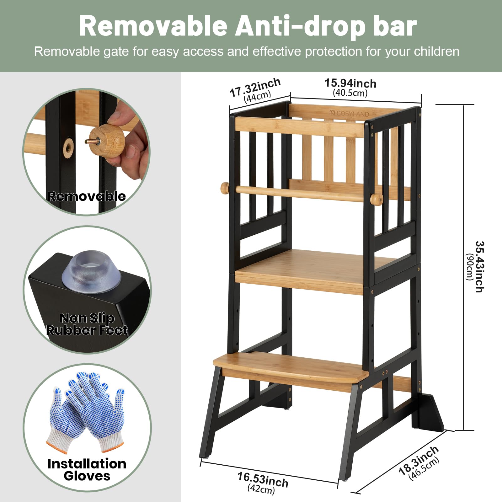 COSYLAND Toddler Standing Tower 35-inch height illustrates reach to common surfaces.