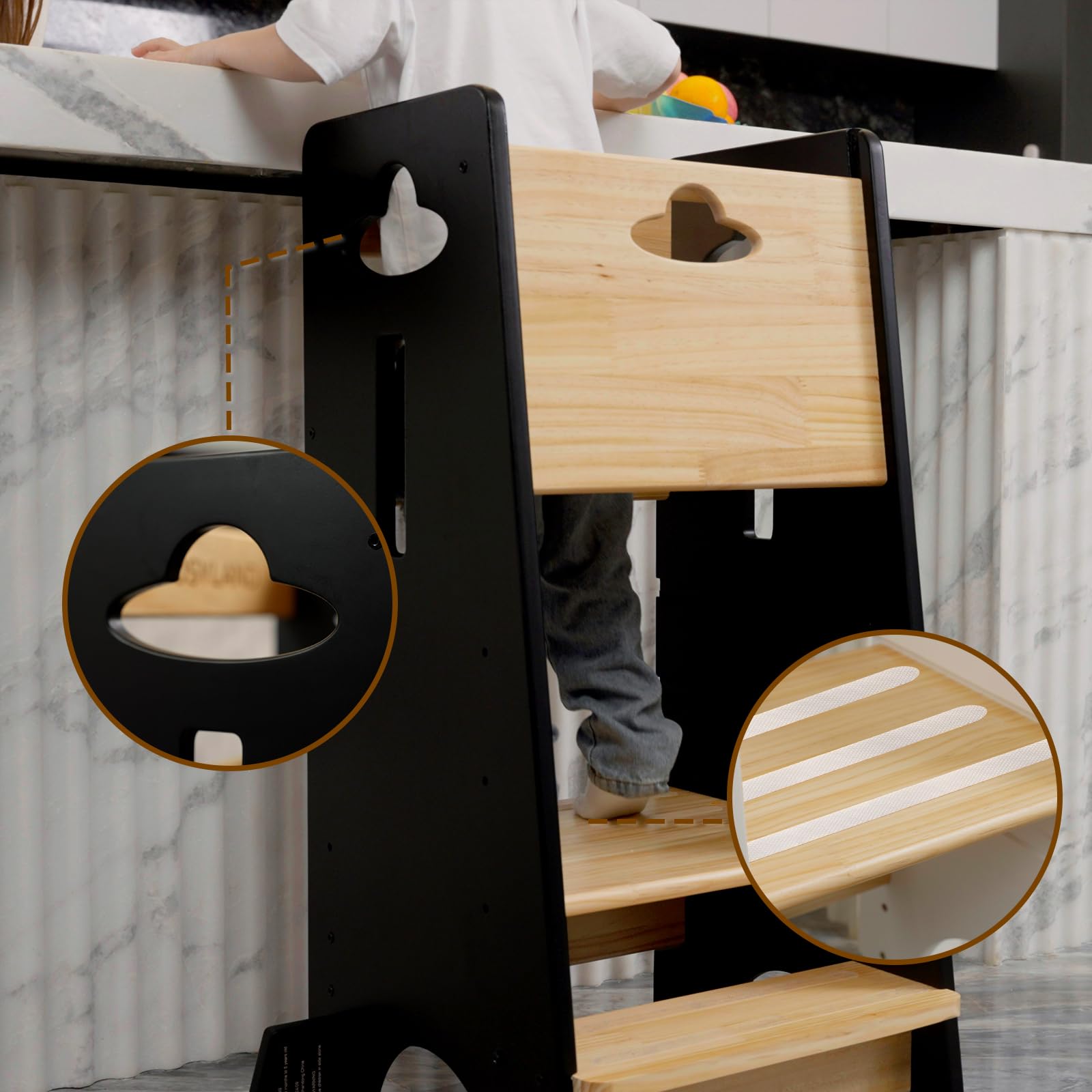 COSYLAND toddler standing tower anti-slip strips help feet stay in place.