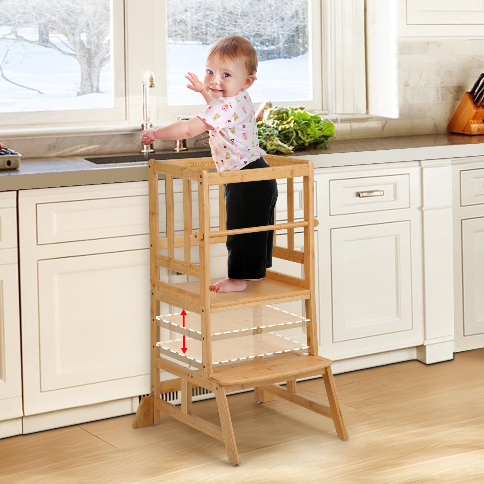 COSYLAND Toddler Standing Tower full view shows natural bamboo frame for stable kitchen reach.