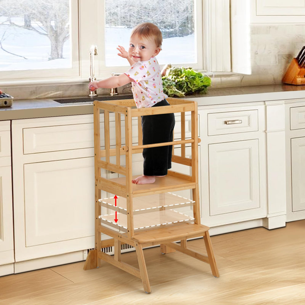 COSYLAND Toddler Standing Tower full view shows natural bamboo frame for stable kitchen reach.