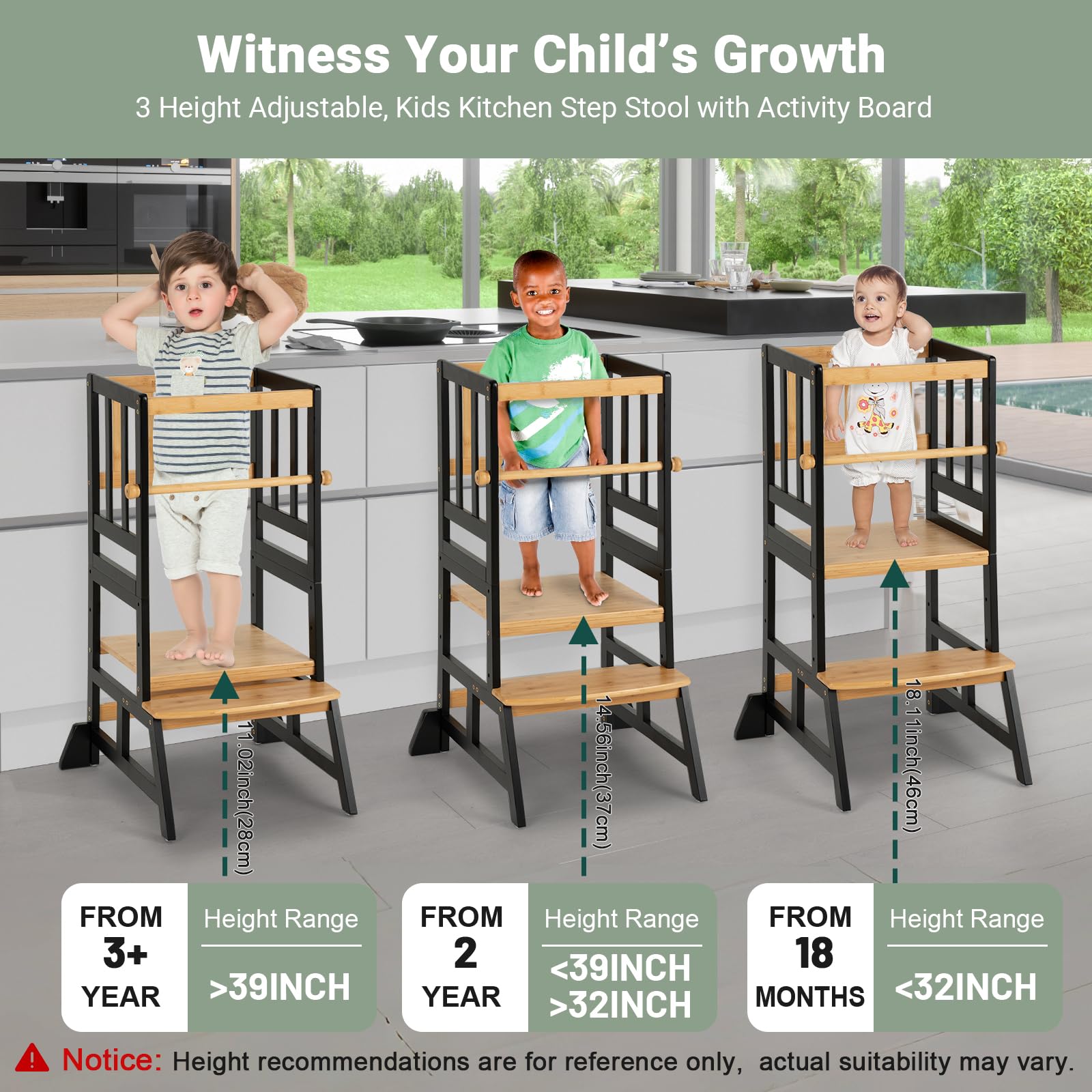 COSYLAND Toddler Standing Tower height levels demonstrate three-position adjustment for growing children.