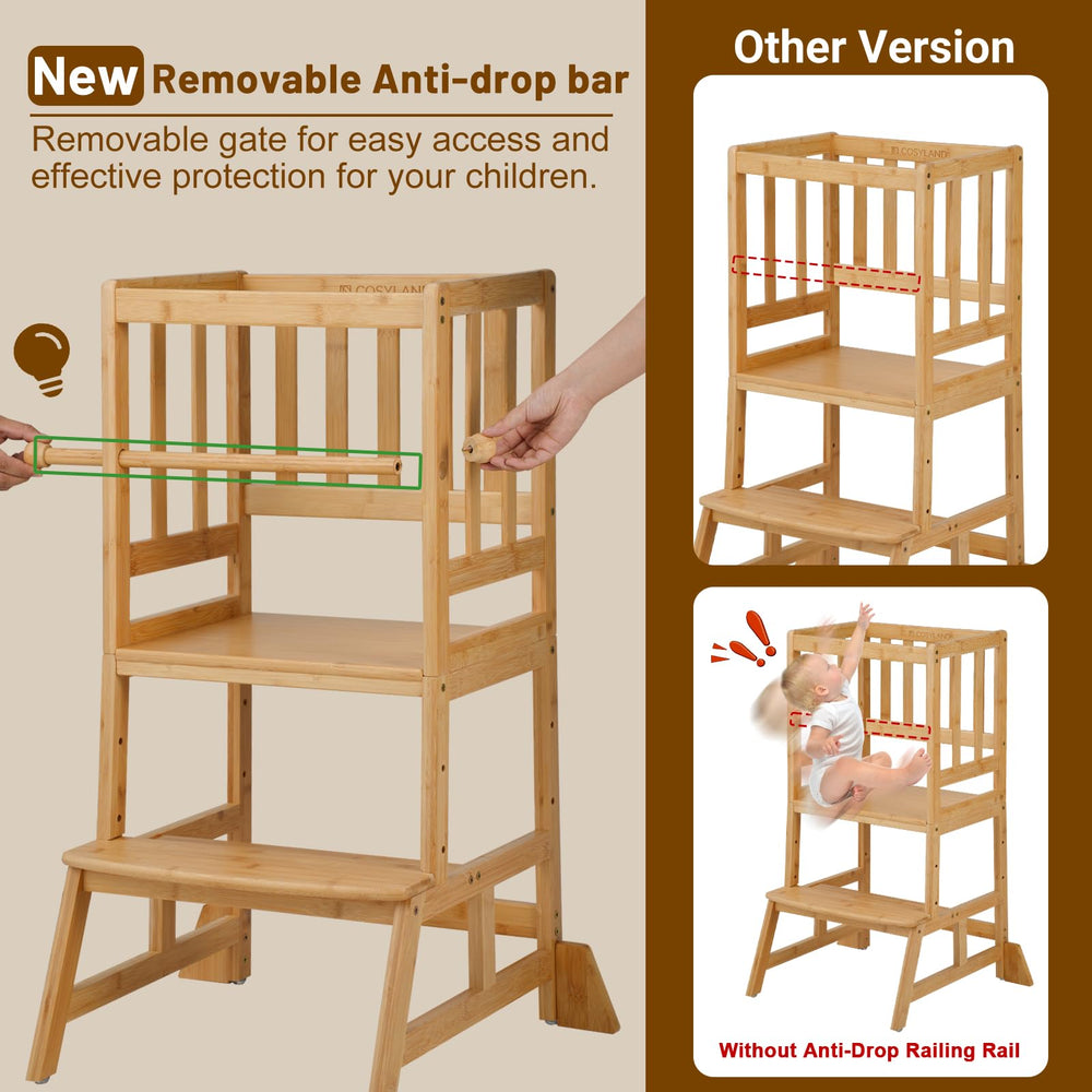 COSYLAND Toddler Standing Tower with removable rail supports safe counter access.