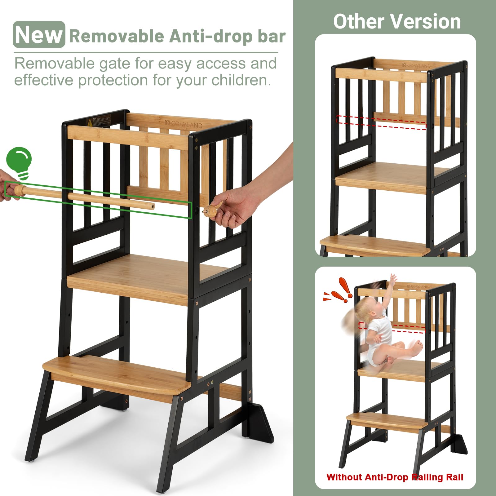 COSYLAND Toddler Standing Tower removable safety rail emphasizes secure, supervised use.