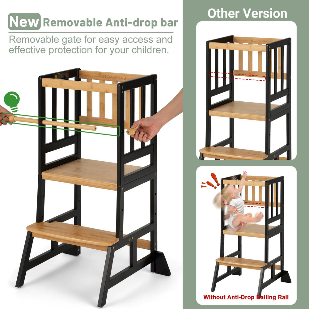 COSYLAND Toddler Standing Tower removable safety rail emphasizes secure, supervised use.