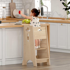 COSYLAND toddler standing tower side view highlights sturdy build for safe kitchen participation.