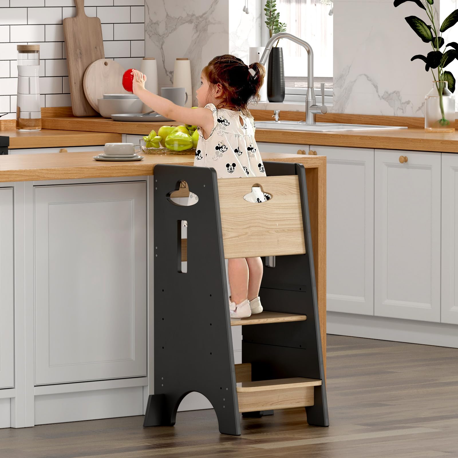 COSYLAND toddler standing tower with stability base for safe kitchen help.