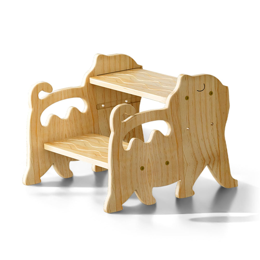 COSYLAND cat-design toddler stool in natural wood helps kids reach the sink safely.
