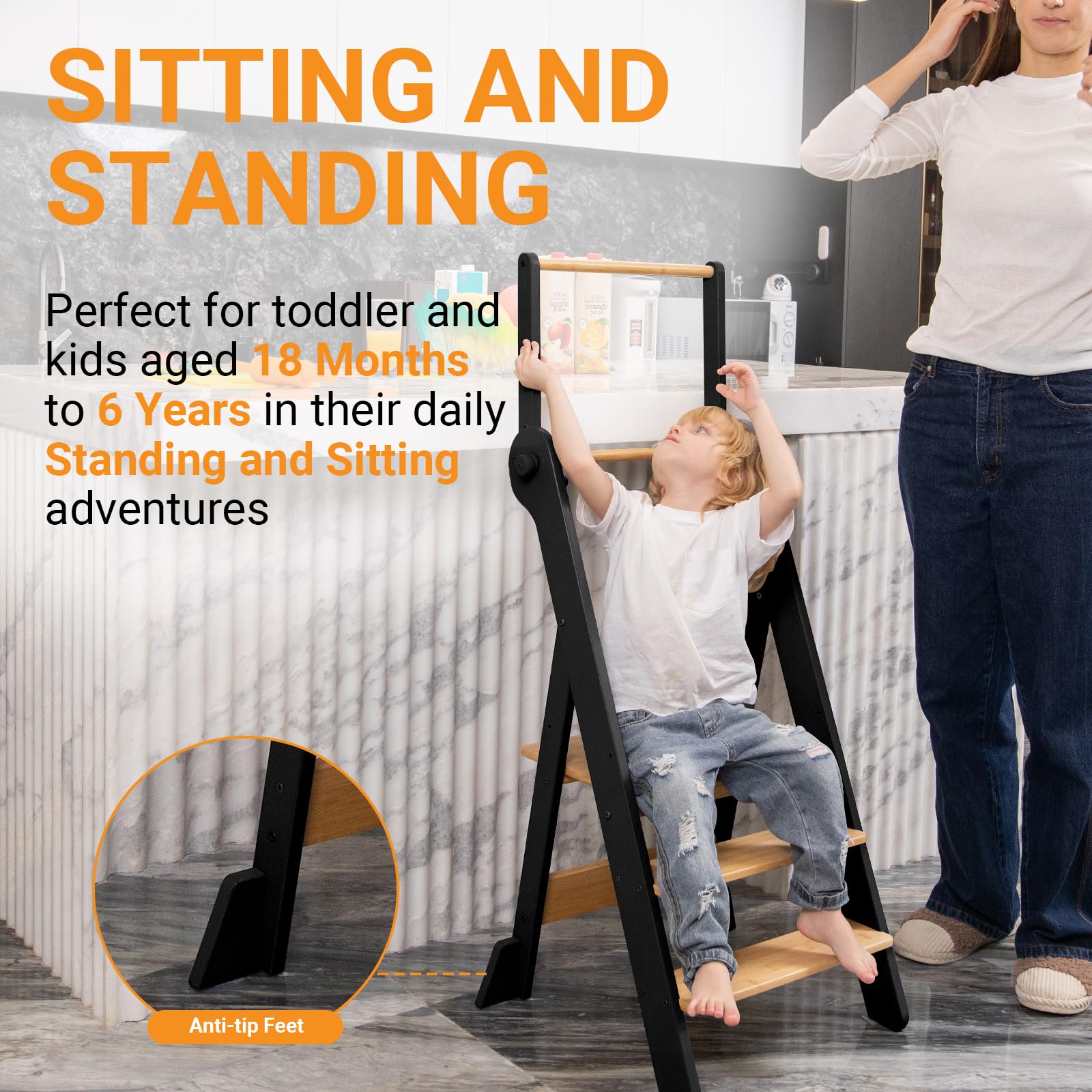 COSYLAND stool at bathroom sink for kid-friendly hygiene tasks