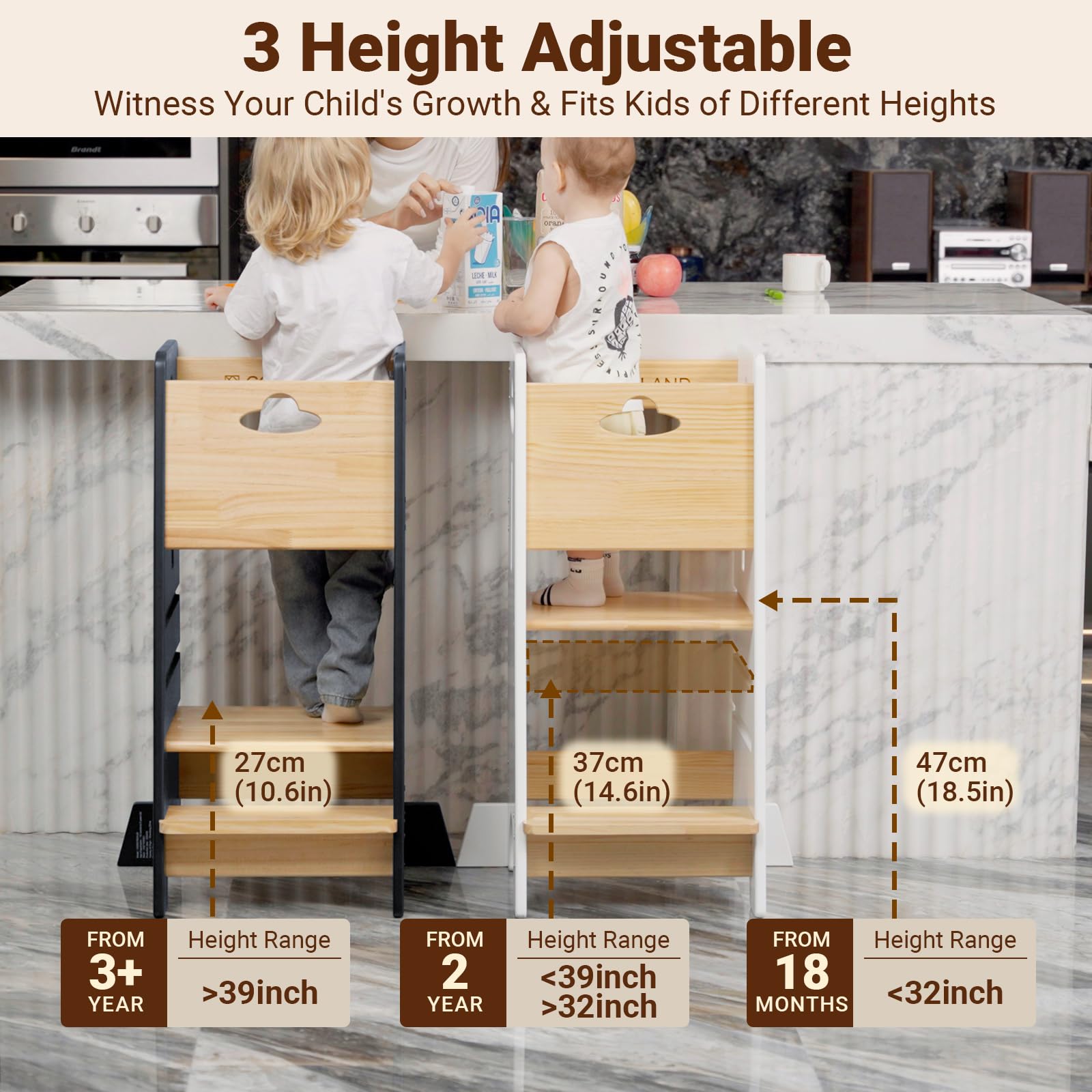 COSYLAND toddler stool height adjustment highlights three growth-ready levels.