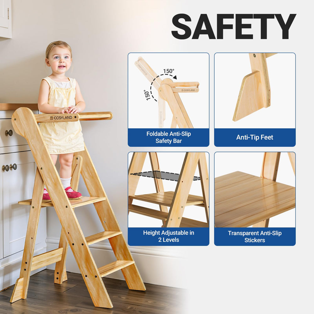 COSYLAND two-height settings illustrate adjustable platform for growing kids.