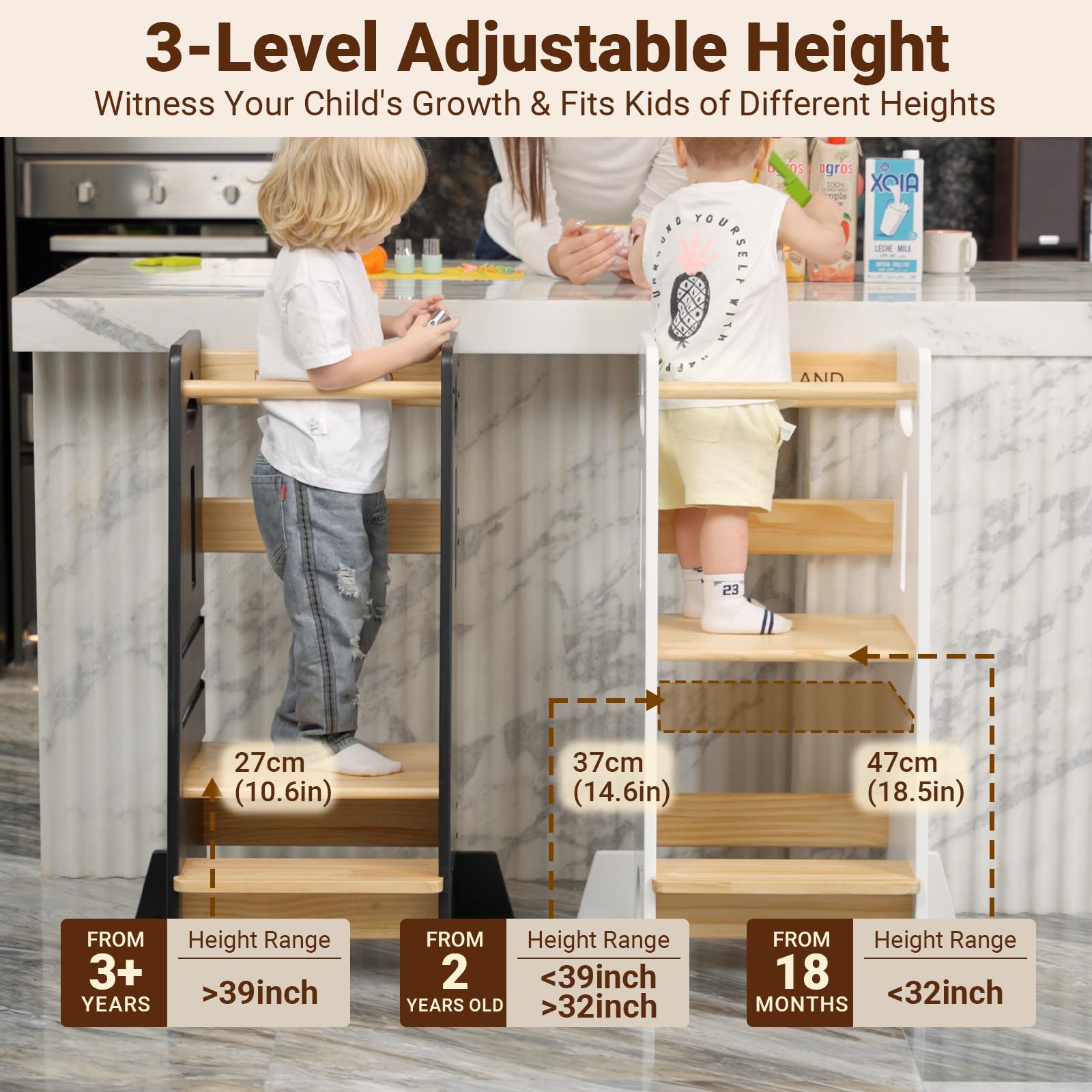 COSYLAND wooden toddler kitchen stool with a wide base and safe design.