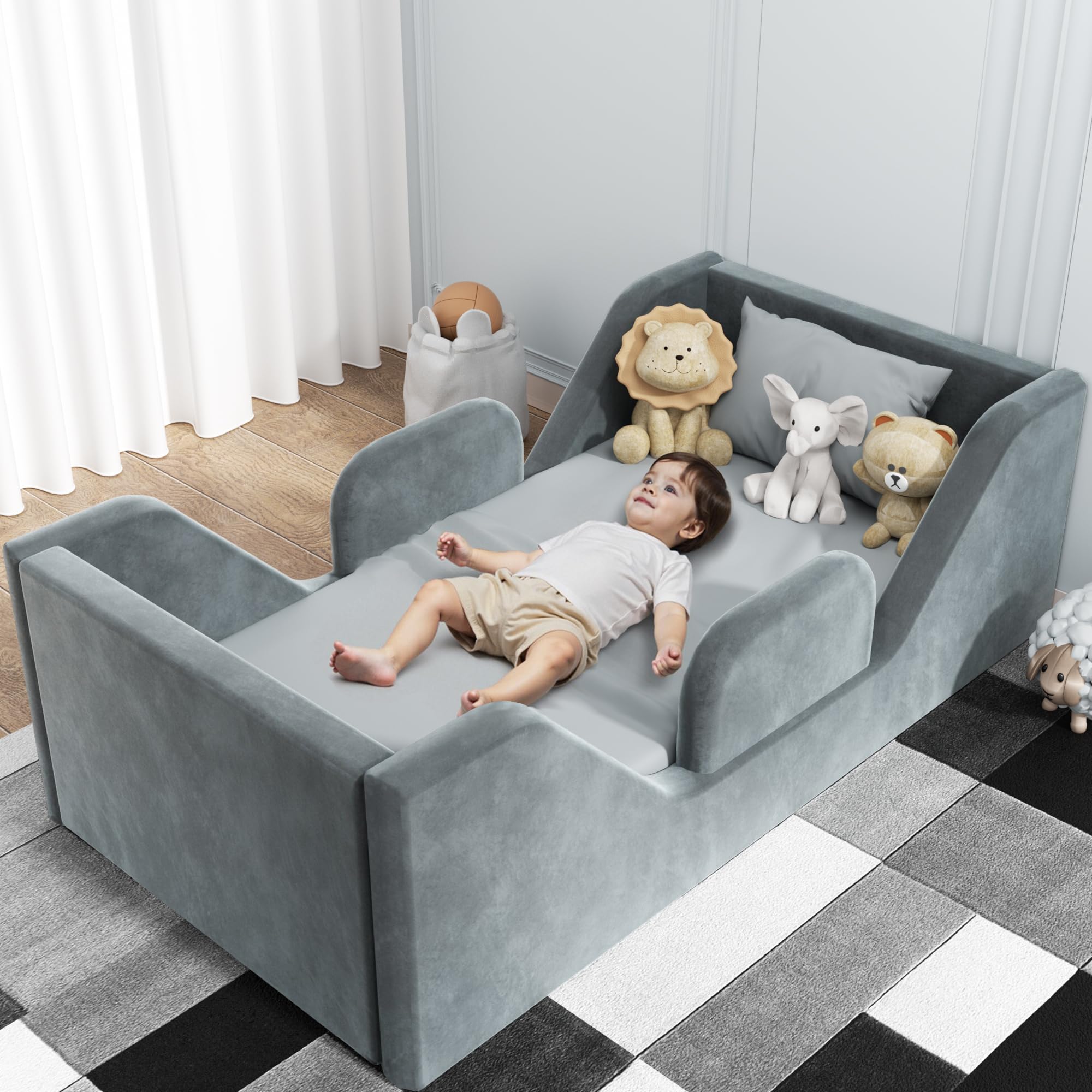 COSYSUPER toddler bed with grey guard rails for safer sleep