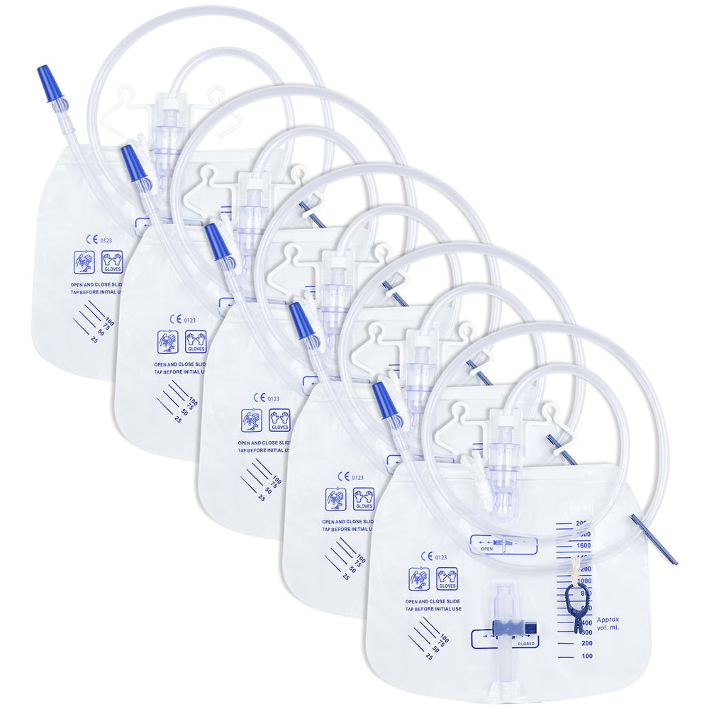 Cotchen 5-pack catheter bags front view showing 2000 ml capacity for home care.