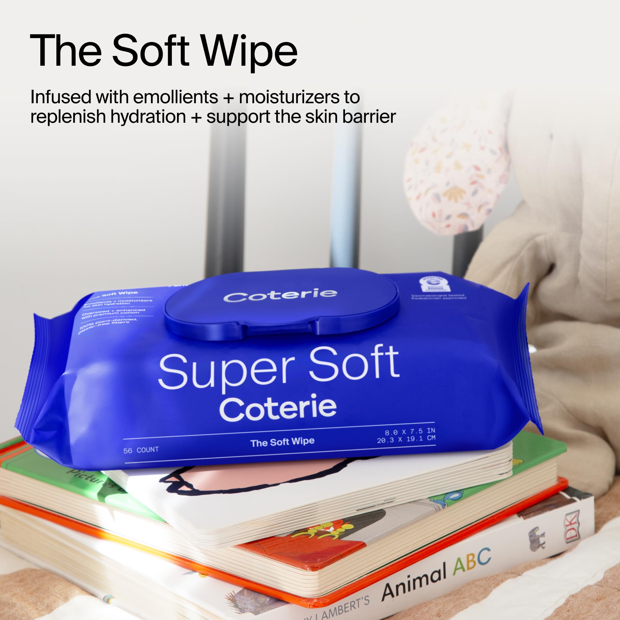 Back label on Coterie Baby Soft Wipes 12-pack communicates eco friendly materials