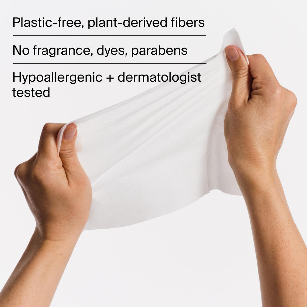 Plant based fibers close-up on Coterie Baby Soft Wipes showing plastic free construction