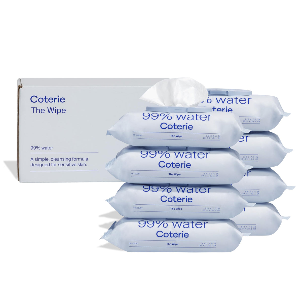 Coterie Baby Wipes 8-pack front view, fragrance-free and gentle for sensitive skin.