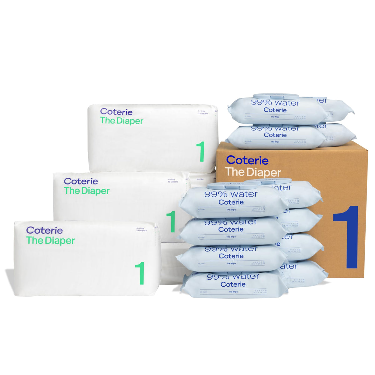 Coterie kit packaging for newborn care in one box, convenient for families.