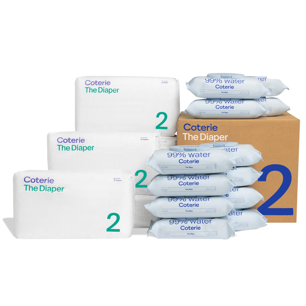 Coterie baby wipes and diapers kit packaging showing 186 diapers and 672 wipes.