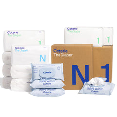 Coterie baby wipes with plant-based fibers for gentle newborn cleaning.