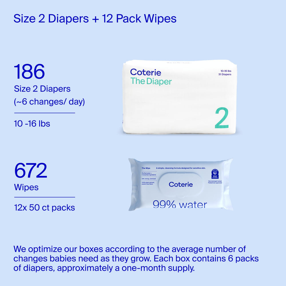 Coterie fragrance-free hypoallergenic diapers suitable for newborns.