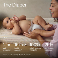 Diaper material detail emphasizing plant-based content and cruelty-free sourcing.