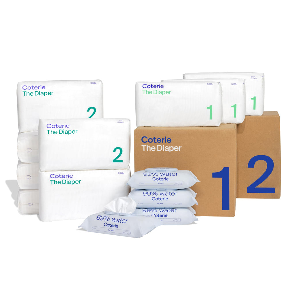 Coterie diaper and wipe bundle packaging shows a ready-to-use baby care kit for families.
