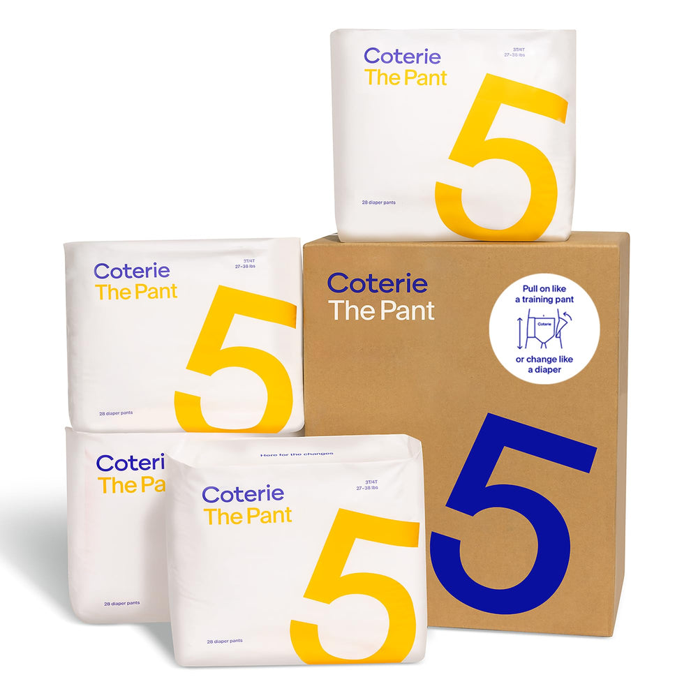 Coterie Pant size 5 pack shot highlights 112-count box for easy potty training planning