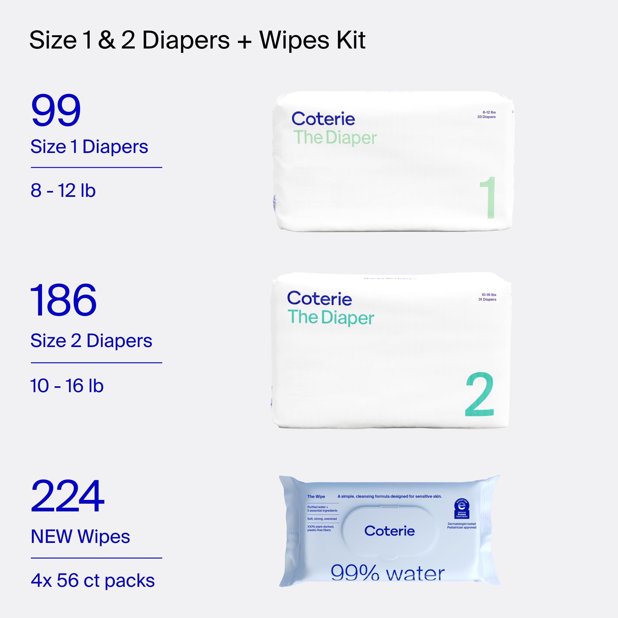 Coterie size 1 diaper snug-fit image highlights secure fit and protection.
