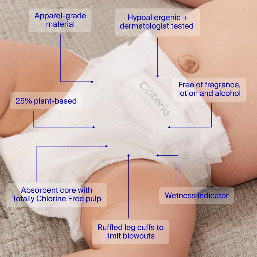 Coterie size 2 diaper shows roomier design and strong leak protection.