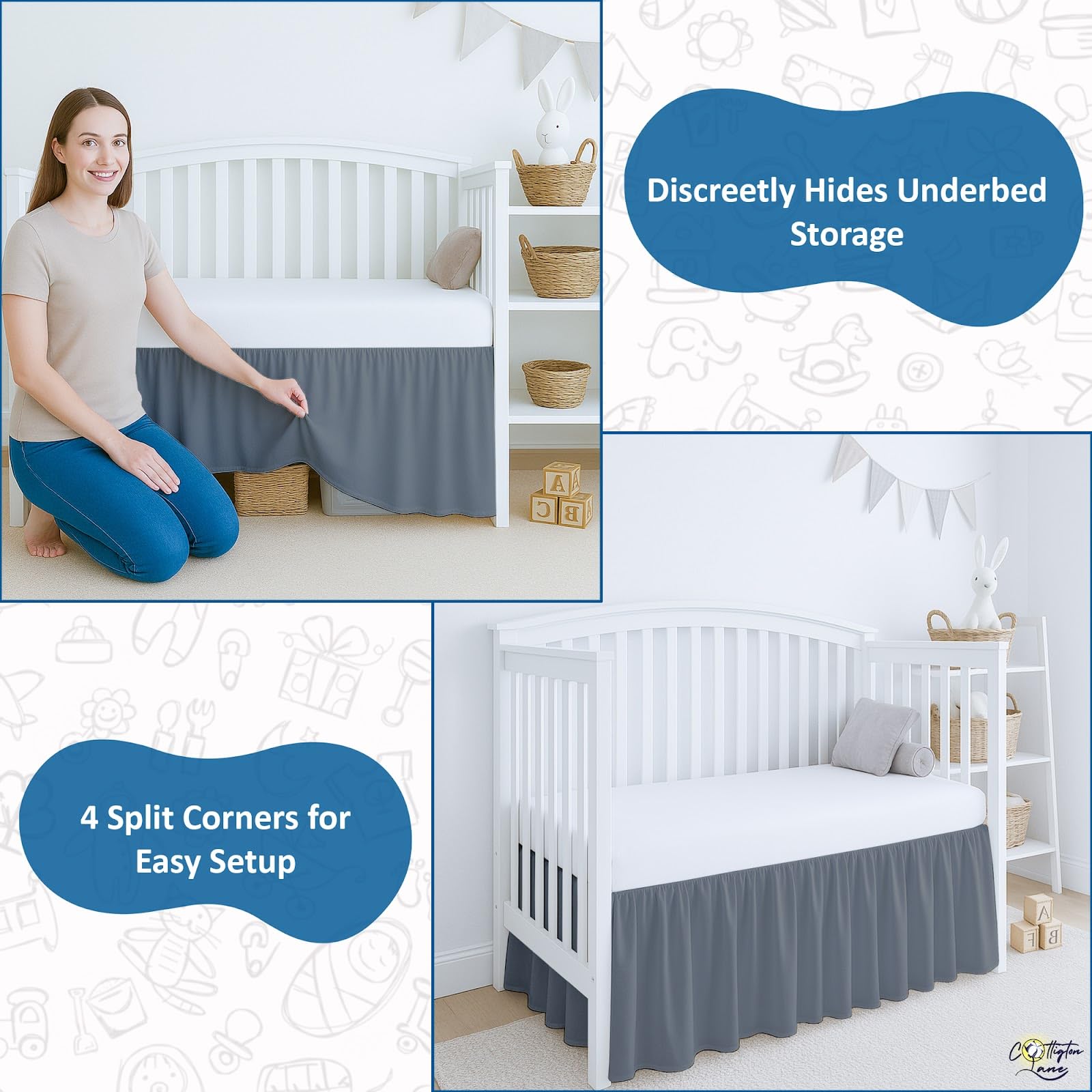 Cottington Lane four-sided coverage for tidy under-crib space