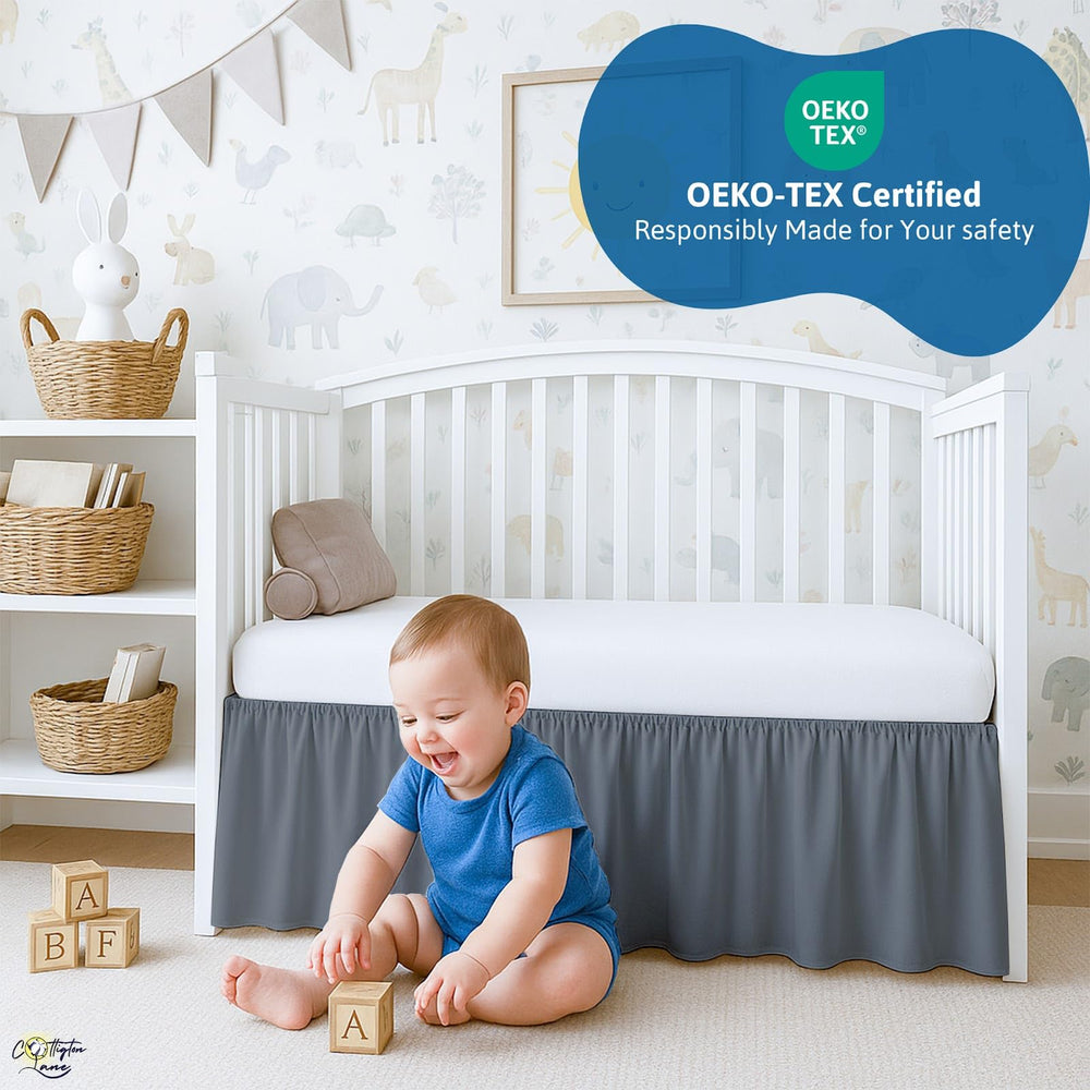 Cottington Lane crib skirt side view highlighting full coverage